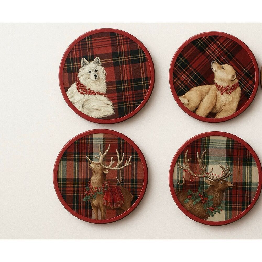 Pottery Barn Enchanted Forest Plaid Cork Coasters Set of 4 – Holiday, New